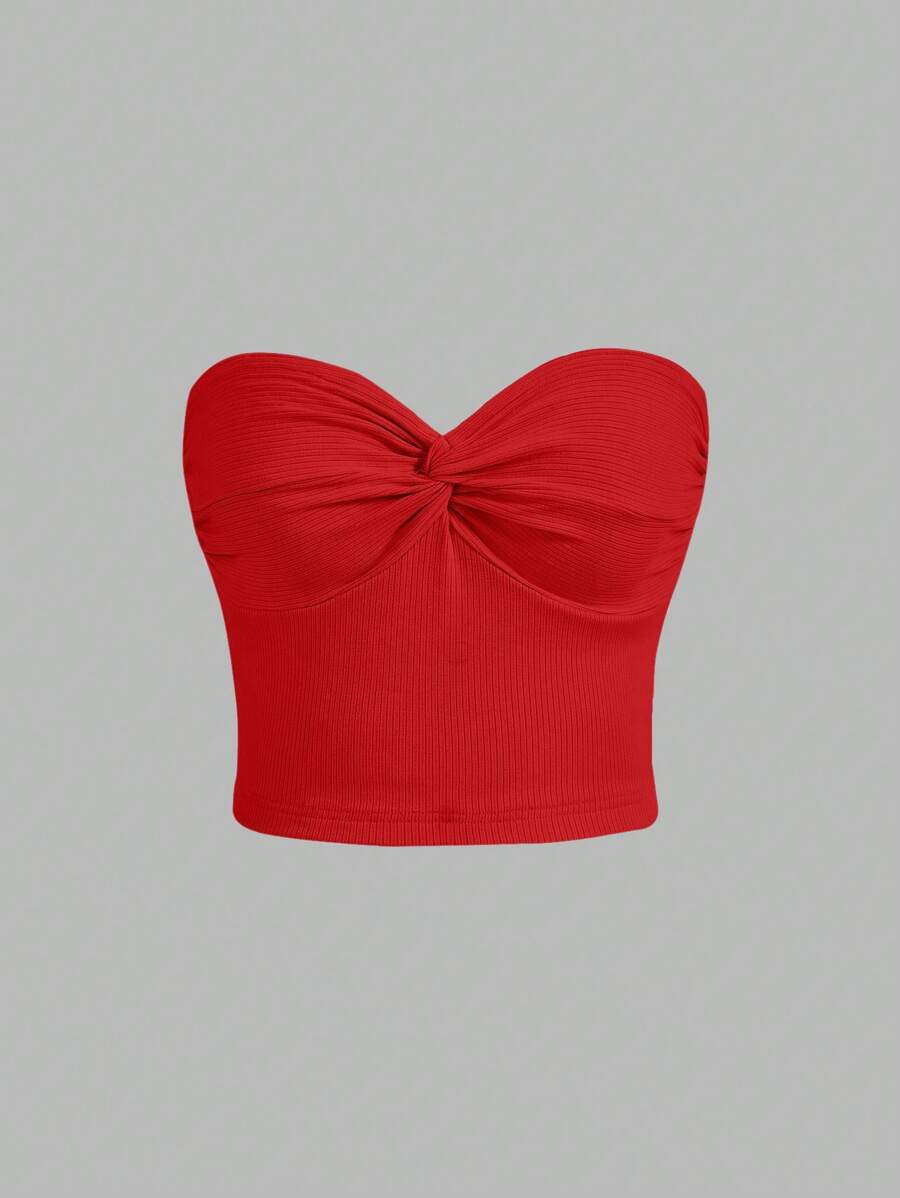 SHEIN MOD Twist Front Ribbed Knit Tube Bodycon Red Top Red Tube Topbow Toptops Red