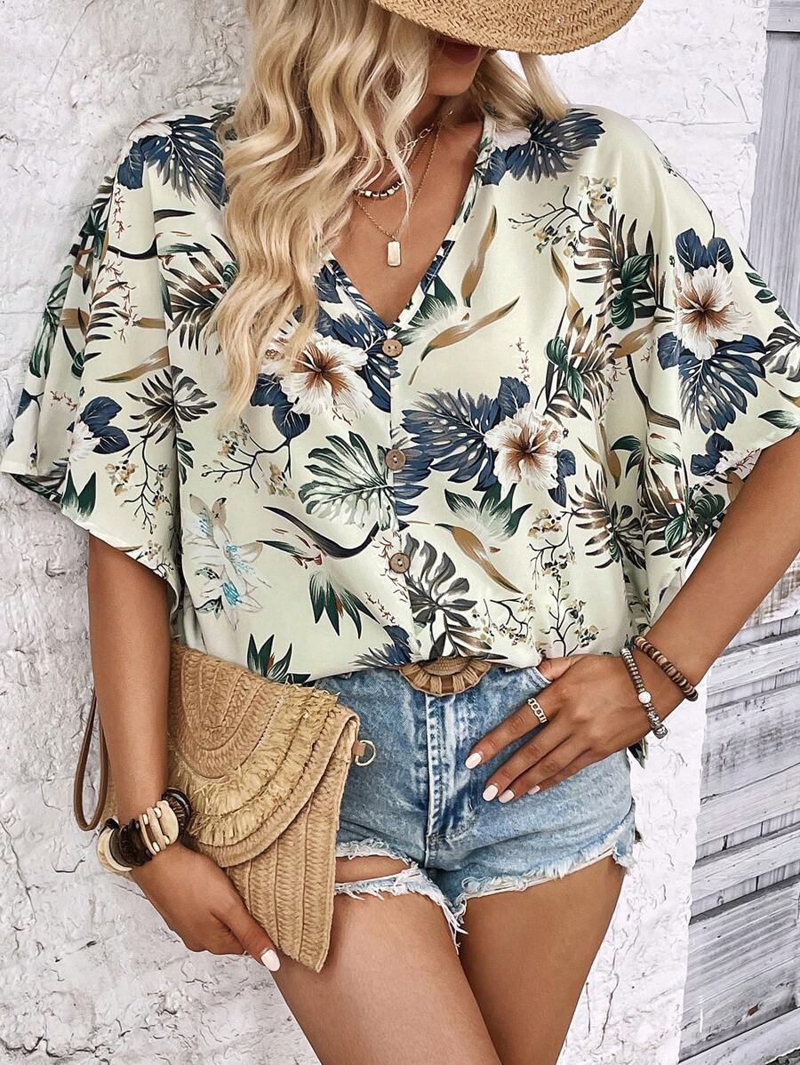 SHEIN LUNE Tropical Print Batwing Sleeve Blouse