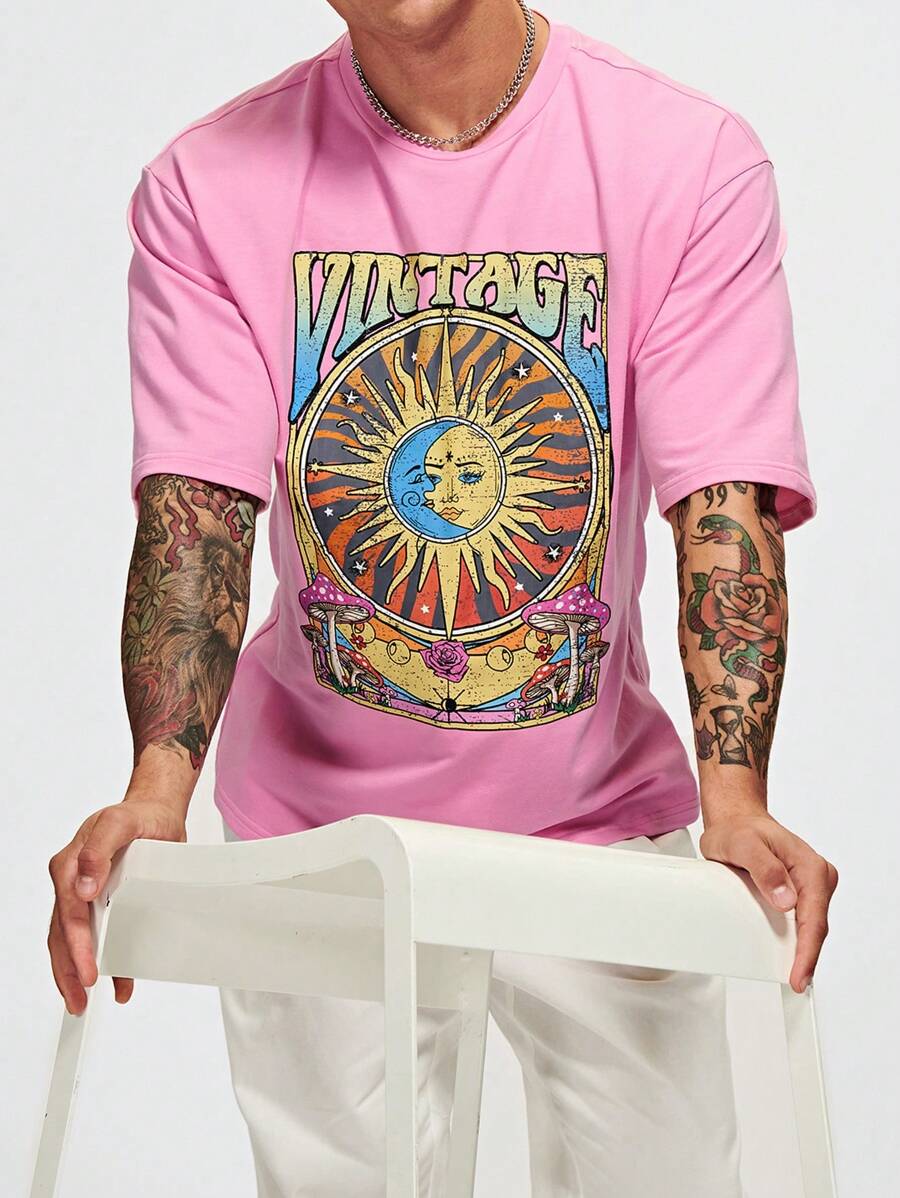 Manfinity RebelGame Men Casual Sun & Letter Graphic Crew Neck Tee