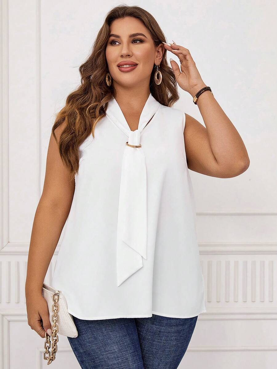 EMERY ROSE Plus Tie Neck Sleeveless Blouse