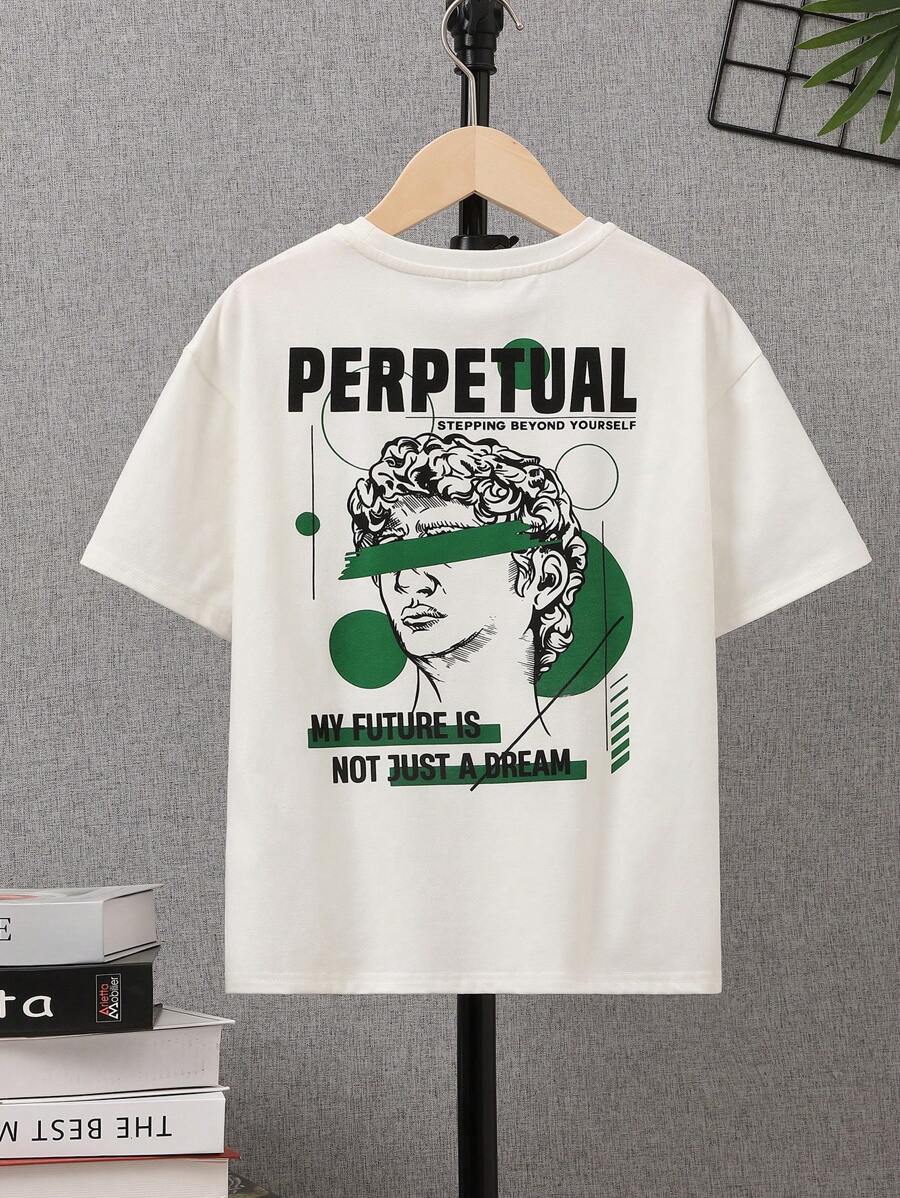SHEIN Camiseta Estampada Con Diseño De Escultura, Estilo Urbano Y Holgado Para Niños Adolescentes, Con Hombros Caídos Y Arte De Graffiti