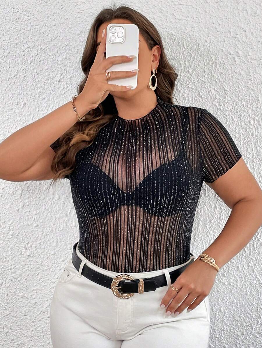 SHEIN Essnce Plus Striped Pattern Sheer Mesh Top Without Bra