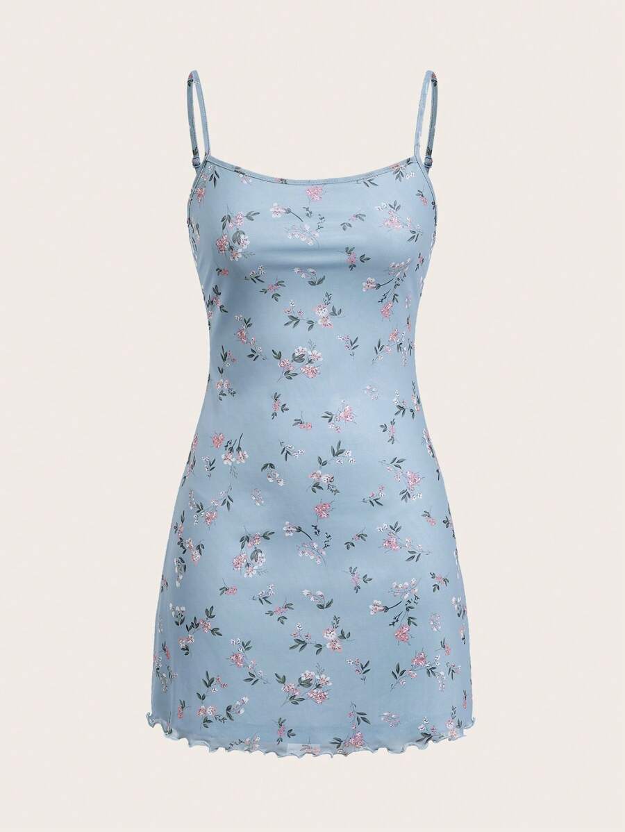 SHEIN EZwear Ditsy Floral Print Lettuce Trim Cami Dress