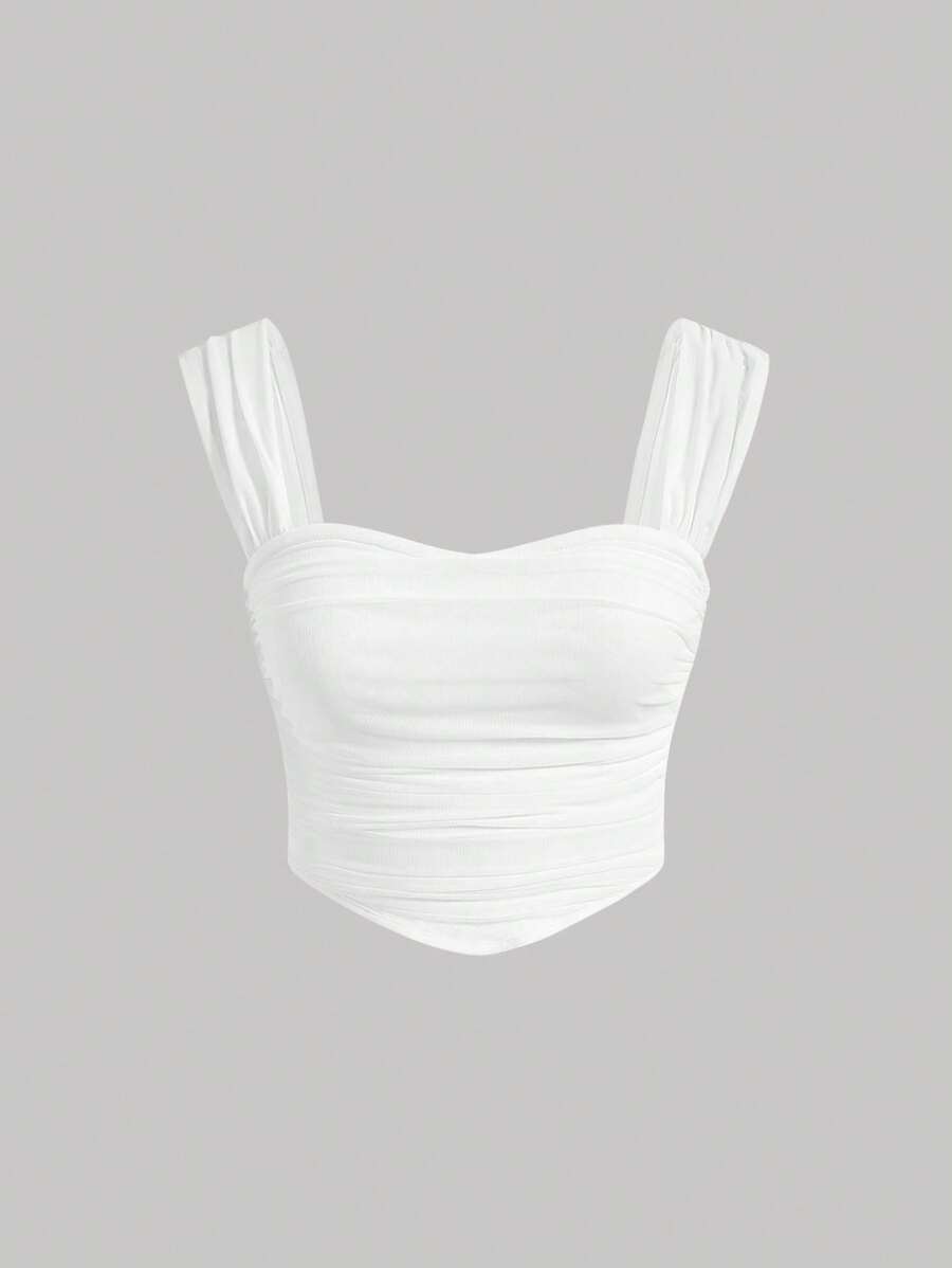 SHEIN X ELOISA & ORSON SHEIN MOD Blusa de tirantes anchos con cuello de corazón, plisada y de color sólido, ideal para el verano