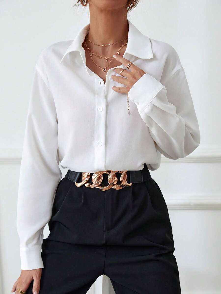 RosyDaze Solid Button Front Shirt,Long Sleeve Tops