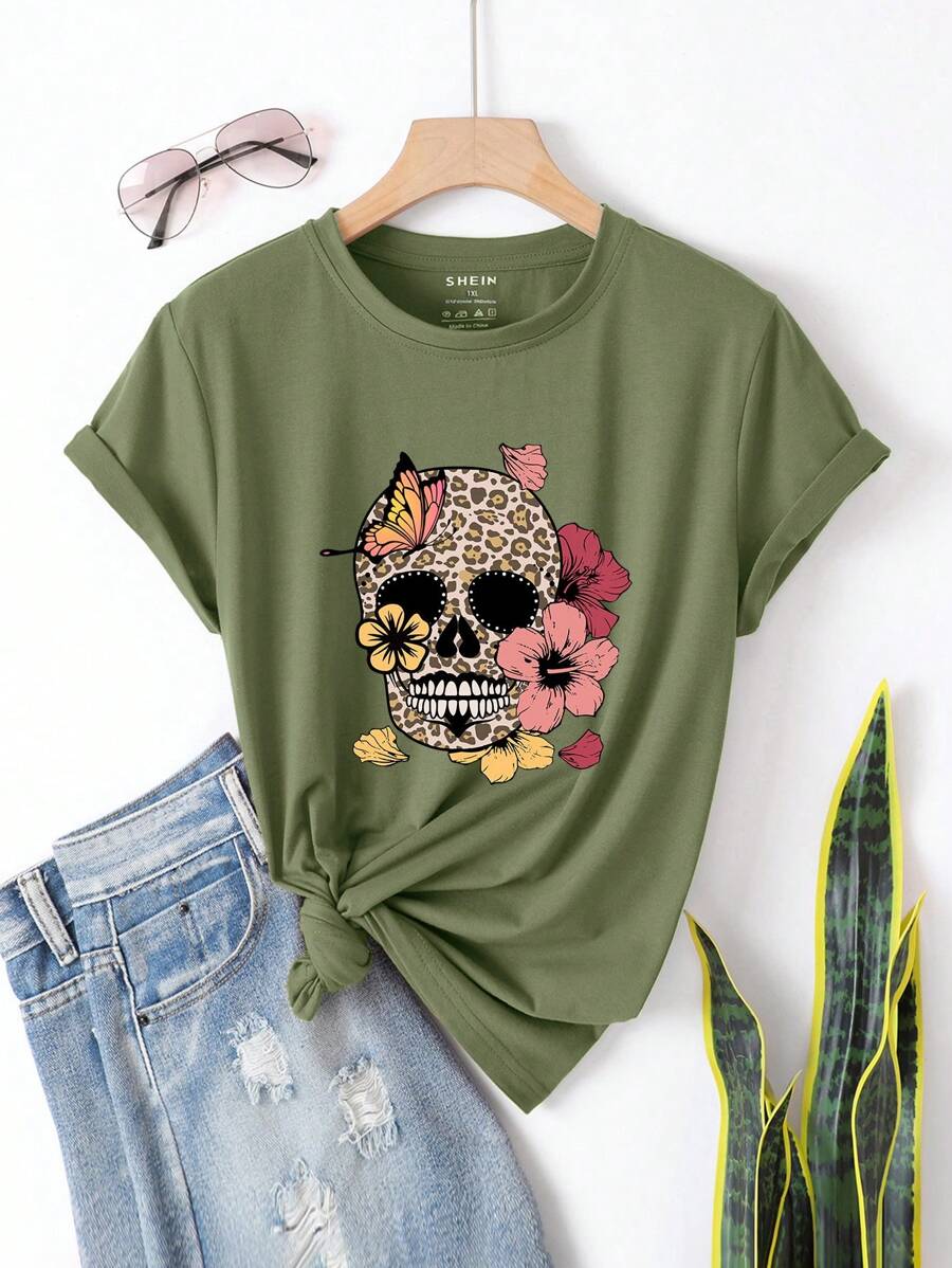 SHEIN EZwear Talla grande Camiseta de cráneo con con estampado floral