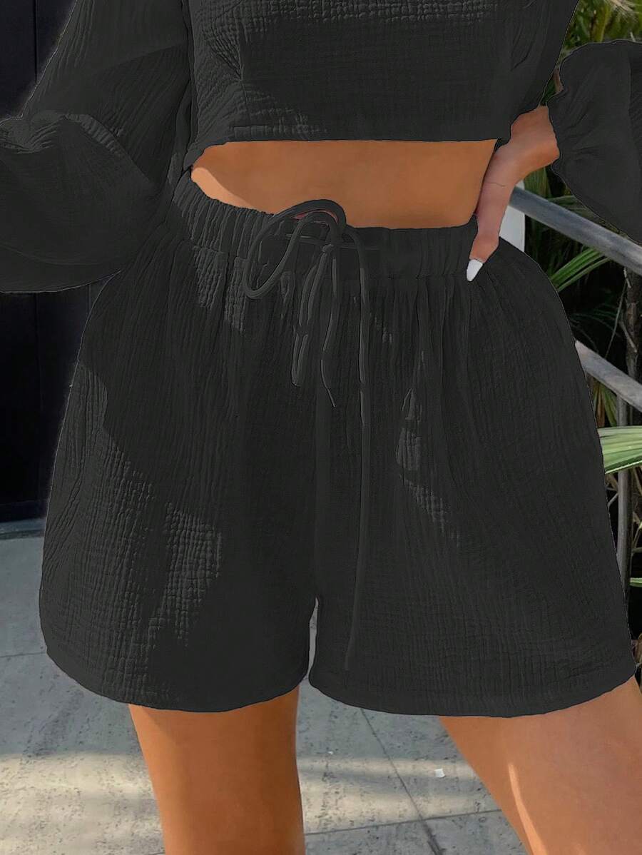 SHEIN MOOSTA Shorts de pierna ancha unicolor de cintura con nudo