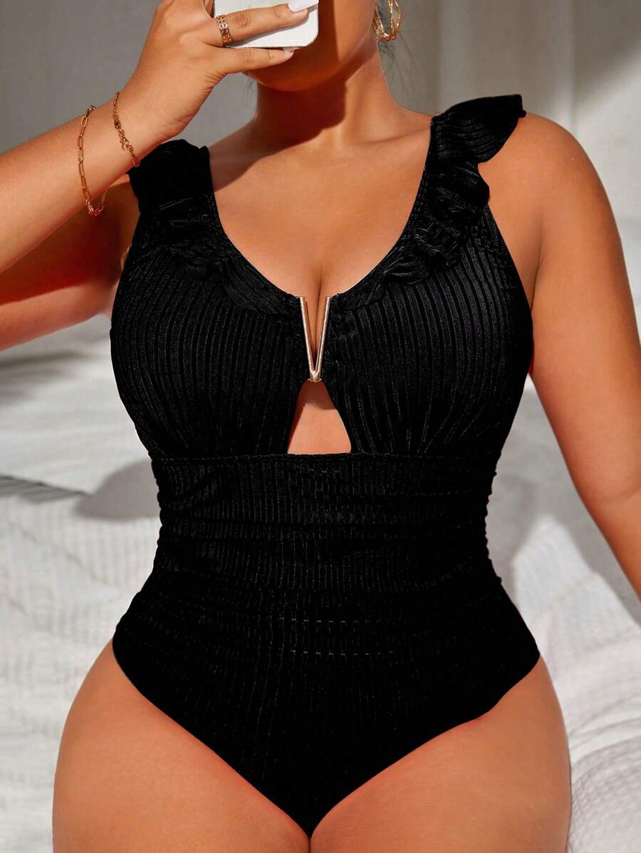 Swim Vcay Summer Beach Plus V Wired Ruffle Trim Ruched One Piece Swimsuit