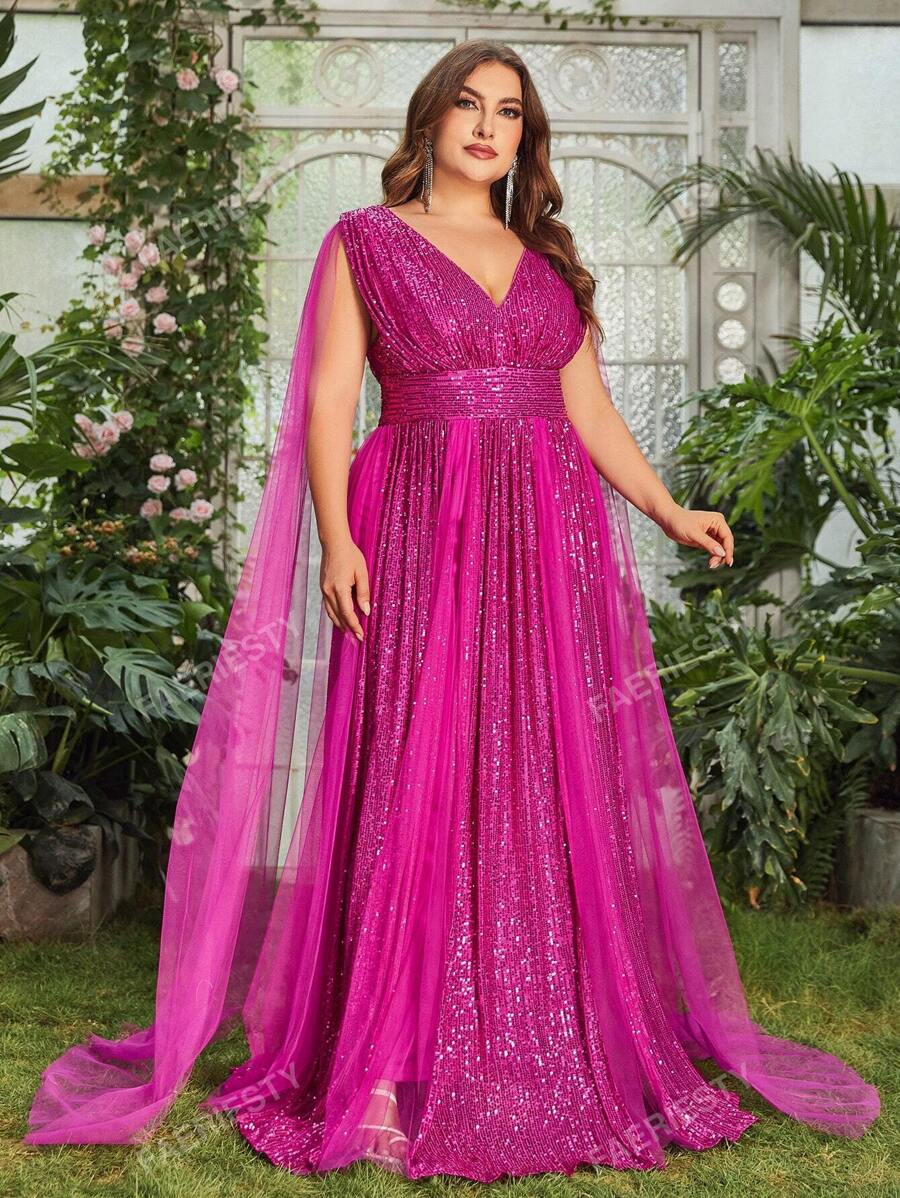 Faeriesty Plus Plunging Neck Cloak Sleeve Sequin Formal Dress Elegant Prom Evening Wedding Guest Gown, For Graduation, Dinner Party Dress