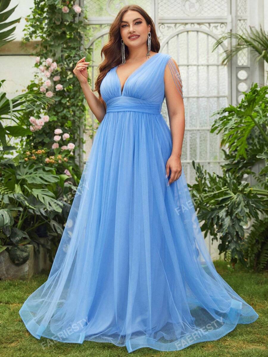 Faeriesty Plus Plunging Neck Mesh Party Dress Elegant Formal Evening Prom Wedding Guest Gown, For Graduation, Dinner