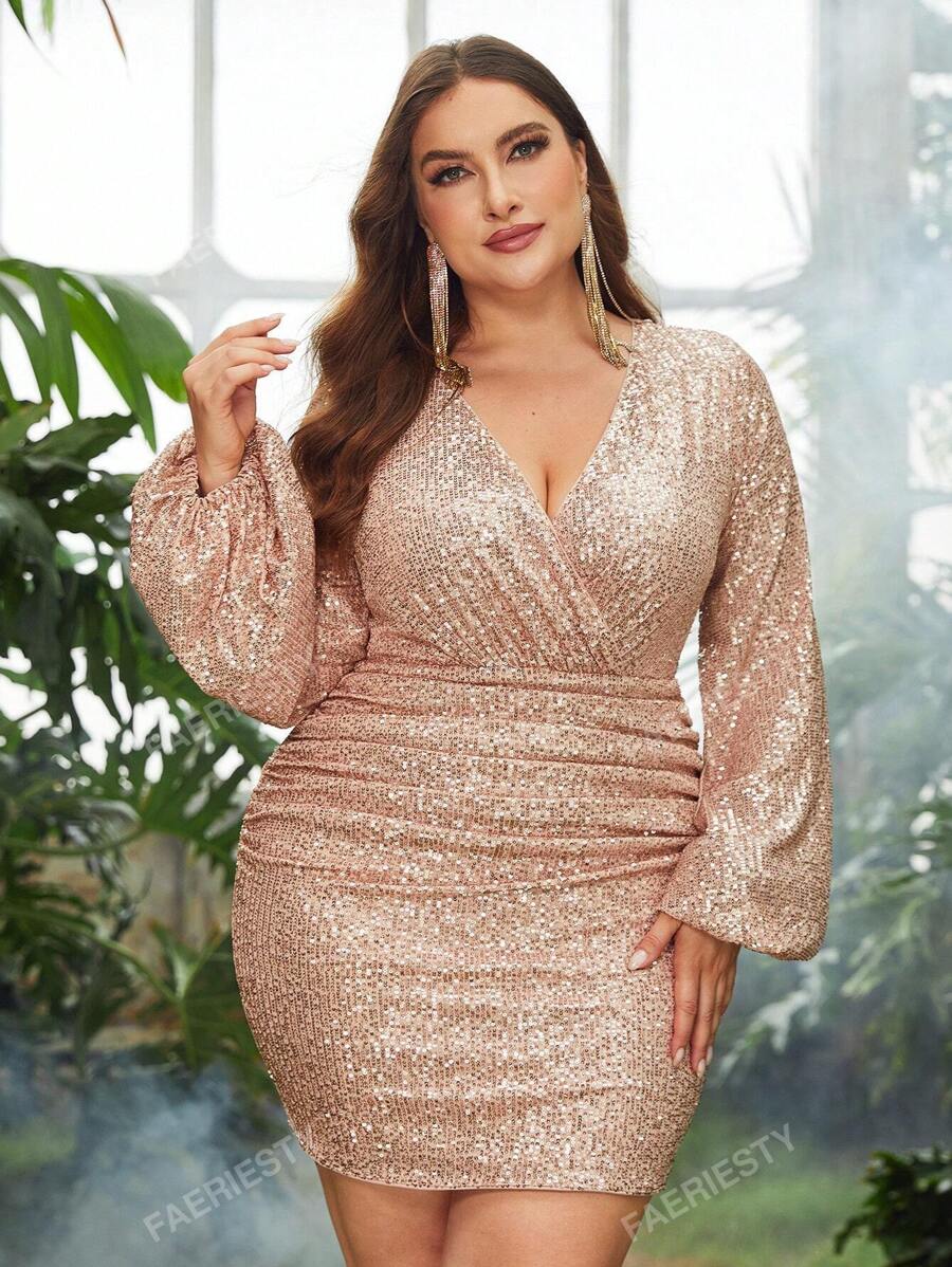 Faeriesty Plus Surplice Neck Lantern Sleeve Sequin Bodycon Dress