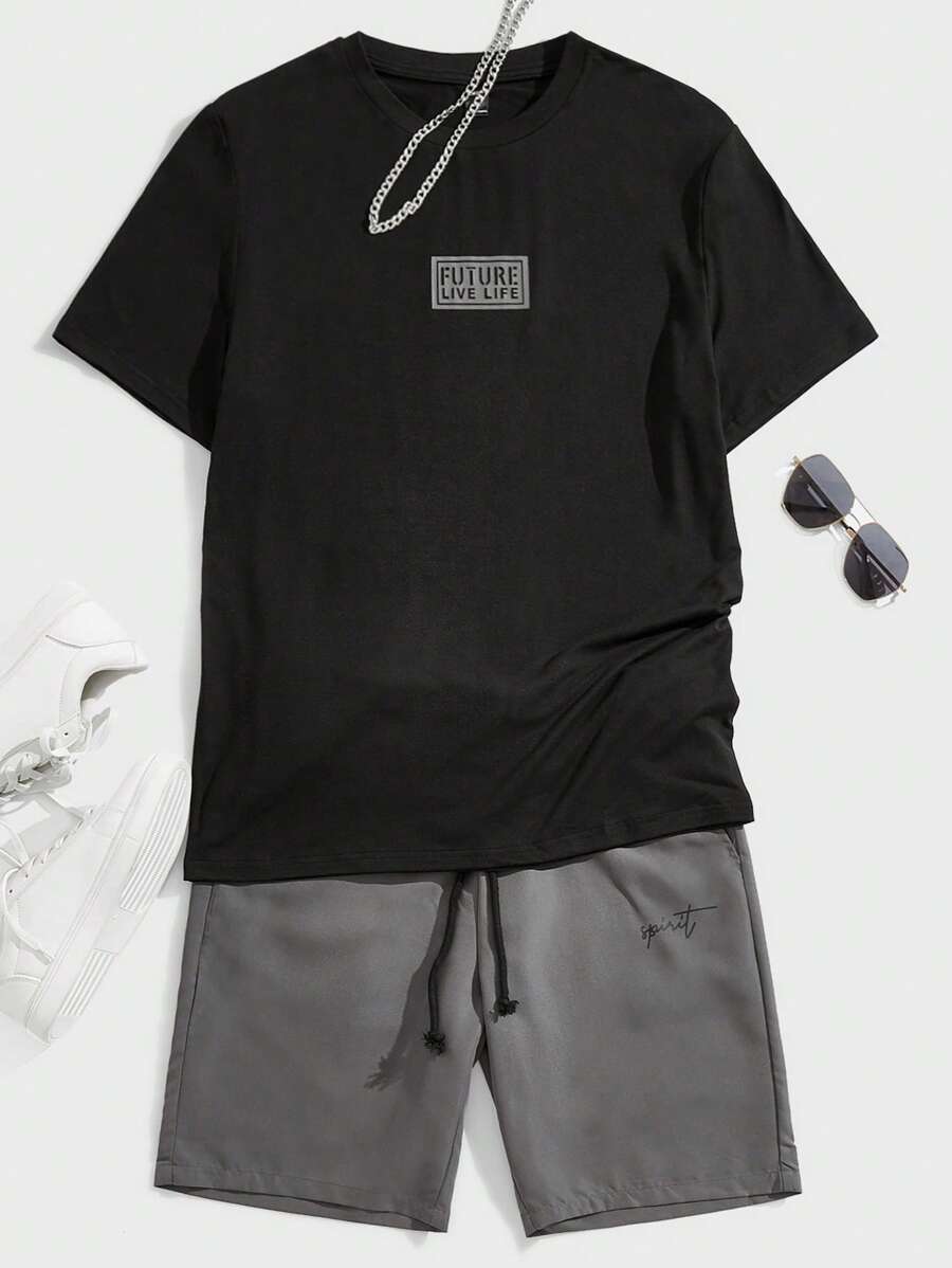Manfinity VCAY Conjunto de verano para hombres con camiseta estampada con letras y shorts con cordón en la cintura