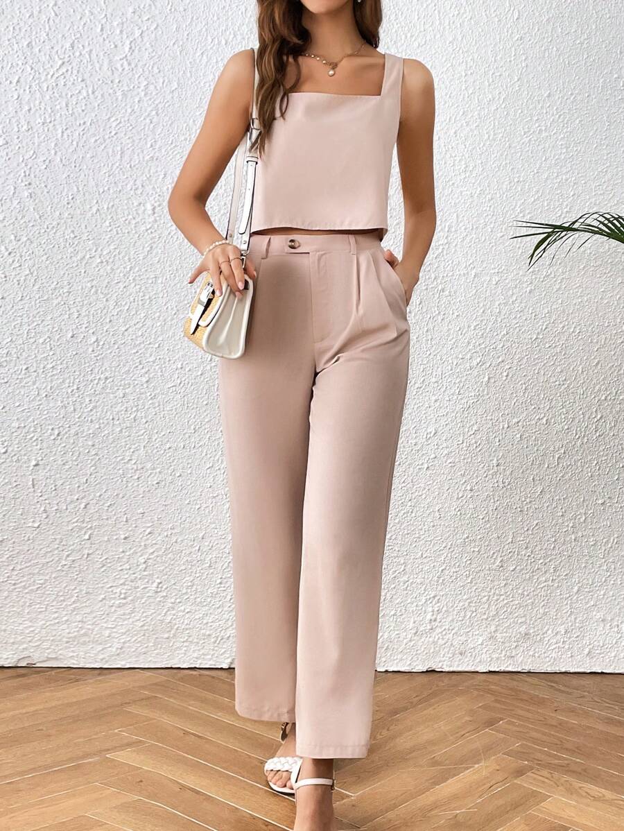 SHEIN Essnce Solid Split Back Top & Wide Leg Pants