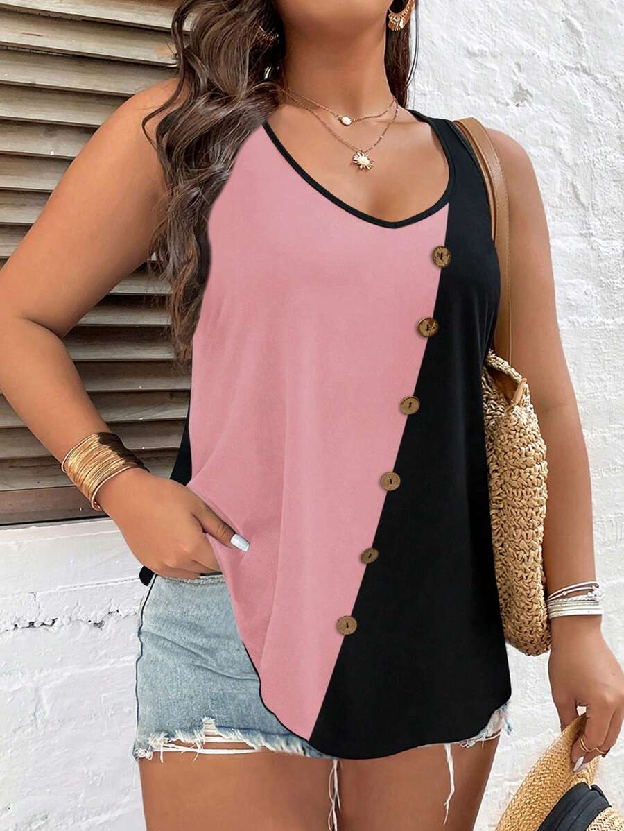 SHEIN LUNE Plus Two Tone Button Detail Tank Top
