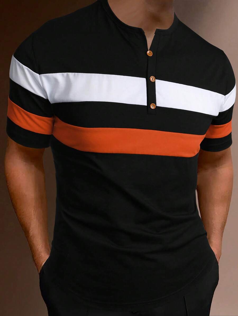 Manfinity Homme Hombres Camiseta de color combinado con botón