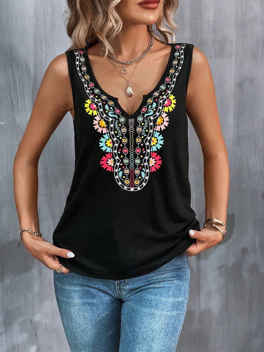 SHEIN LUNE Floral Print Notched Neck Tank Top
