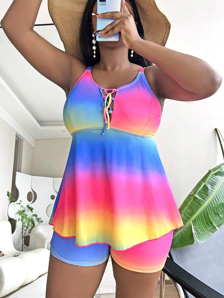 Slaydiva Summer Beach Plus Size Ombre Lace Up Front Swim Dress