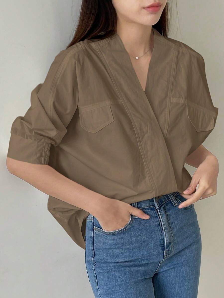 Dazy-Less Eenvoudig ontwerp effen kleur dames blouse met korte mouwen, zakelijke casual stijl oude geld stijl