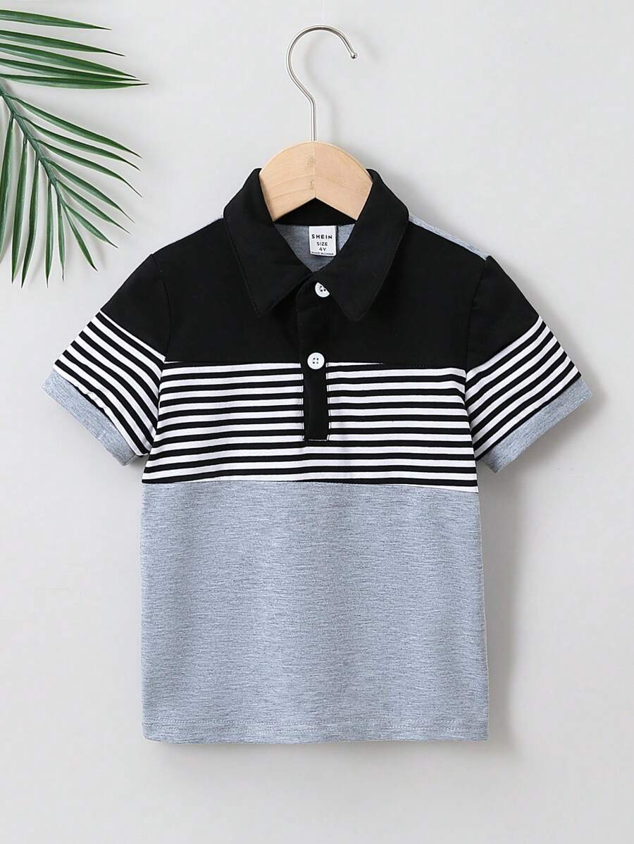SHEIN garoto jovem Impressão Listrada Bloco De Cores Camiseta Polo