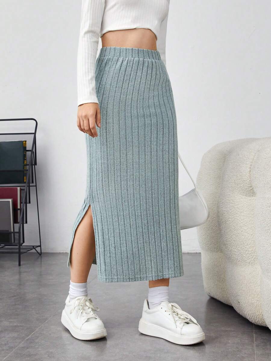 SHEIN Teen Girl Split Hem Ribbed Knit Skirt