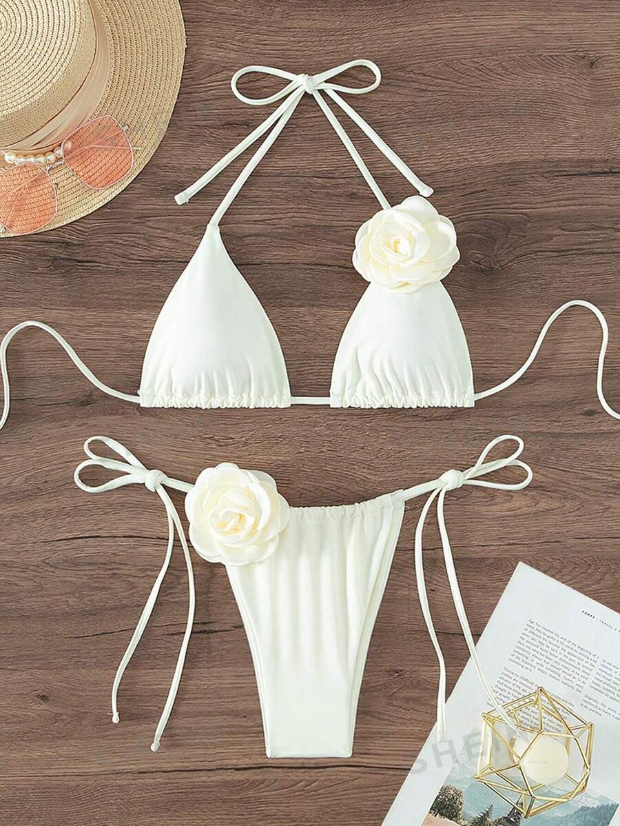 Swim Chiccia Costum de baie de bikini cu aplice, triunghi, cravată laterală