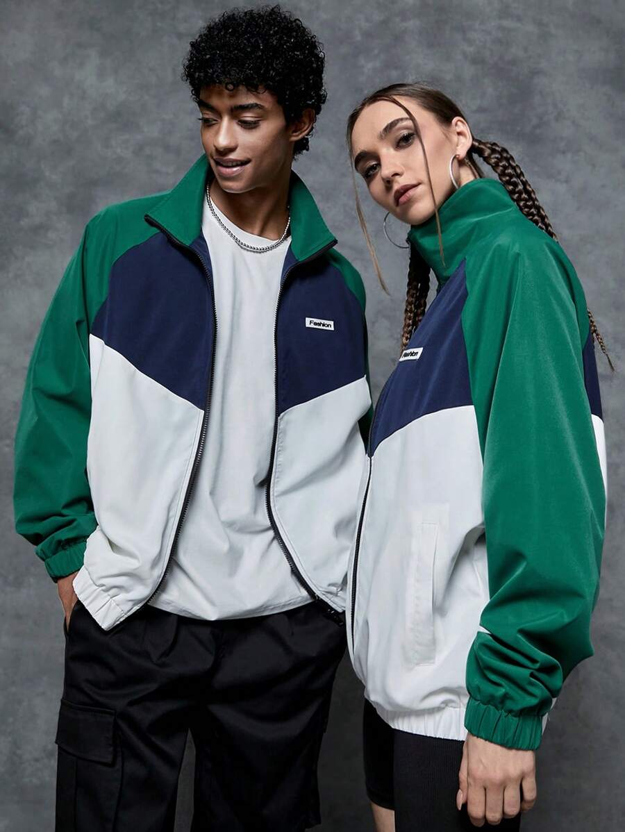 Manfinity Unisex 1pc Letter Patchwork Color Block Raglan Sleeve Loose Fit Zip Up Jacket