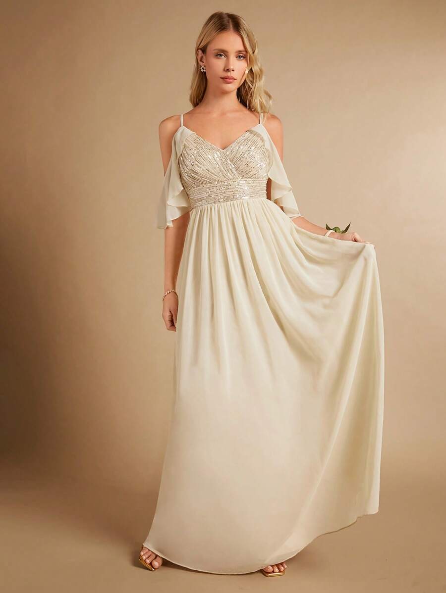 SHEIN Belle Cold Shoulder Sequin Bodice Maxi Formal Dress