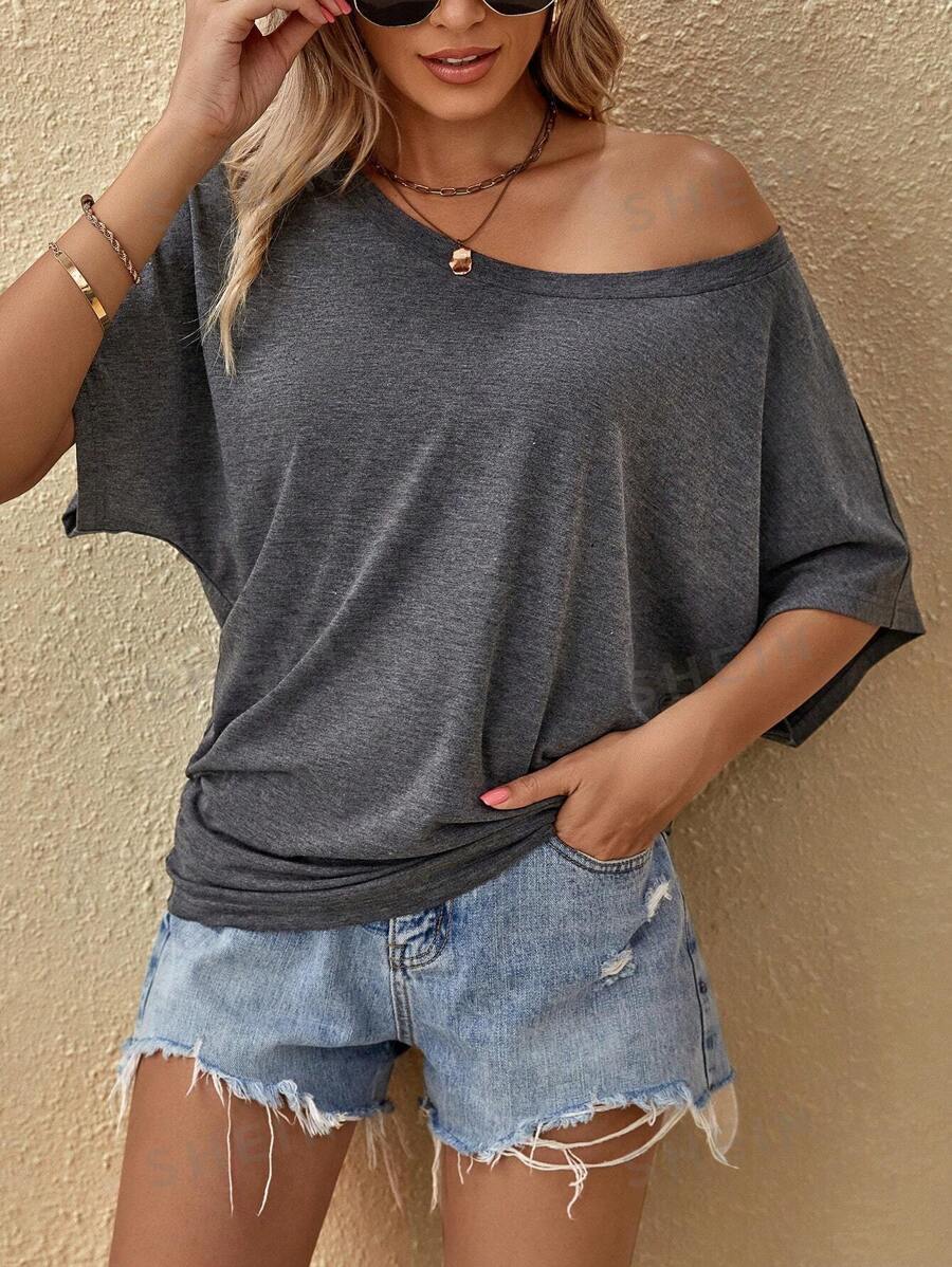 SHEIN LUNE Camiseta unicolor de manga murciélago
