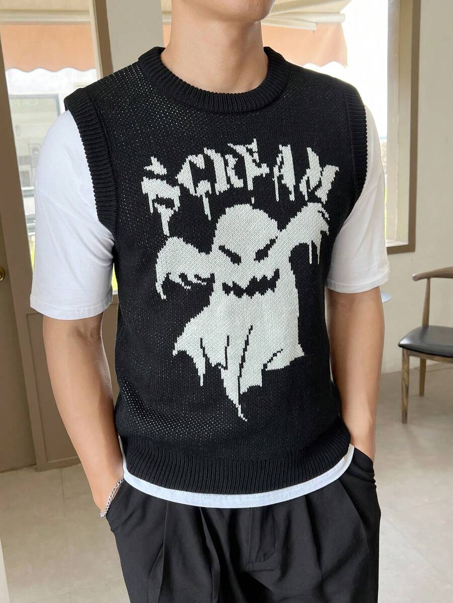 Manfinity RebelGame Hombres 1 pieza Chaleco de punto con patrón de Halloween