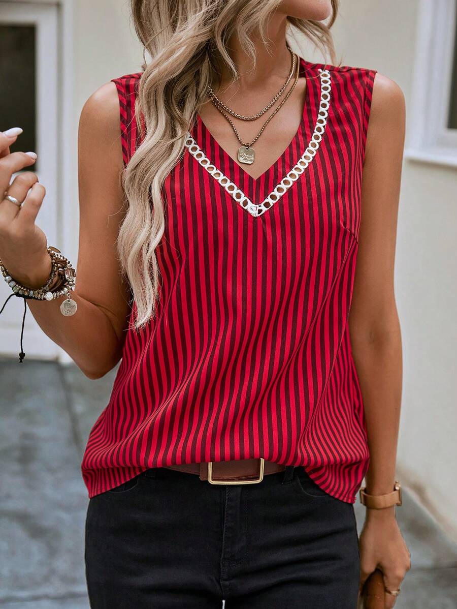 SHEIN Clasi Striped Print Guipure Lace Trim Sleeveless Blouse