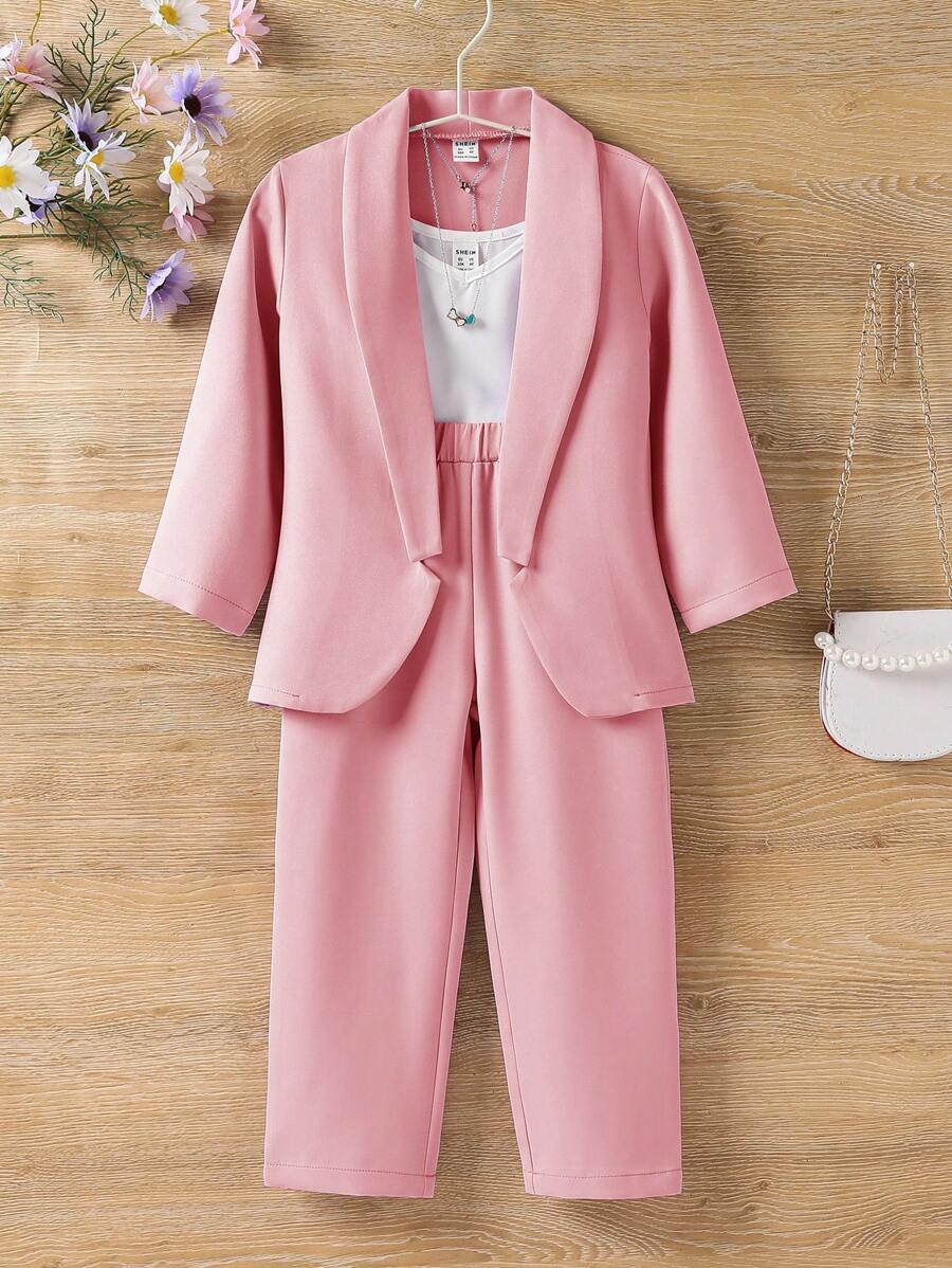 SHEIN Young Girl Solid Cami Top & Shawl Collar Coat & Pants
