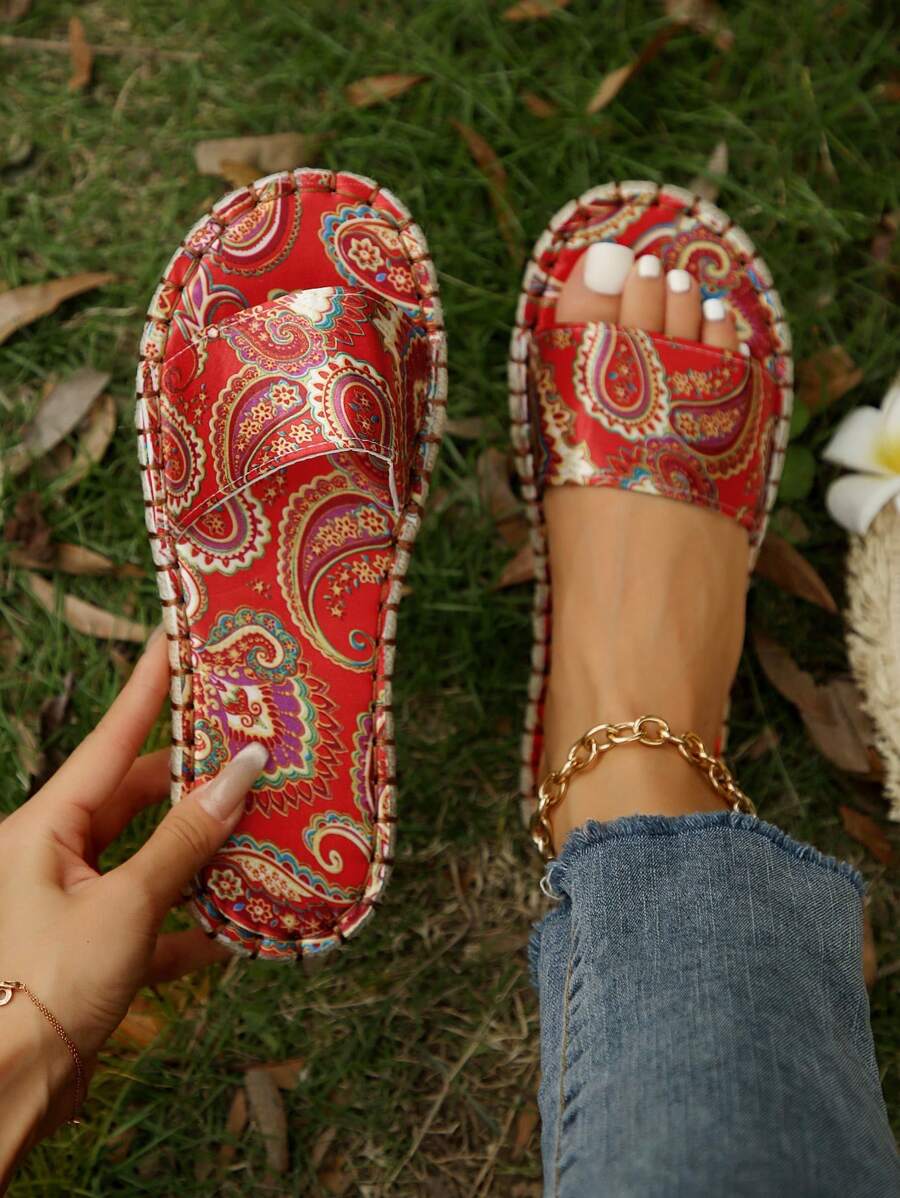 Women's Retro Print Open Toe Casual Flat Slippers For Summer, Fashion Beach Sandals