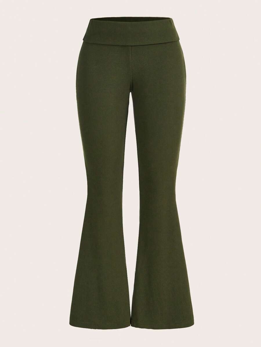 SHEIN EZwear Women'S Solid Flare Leg Pants With Low Waist Fold-Over Waistband