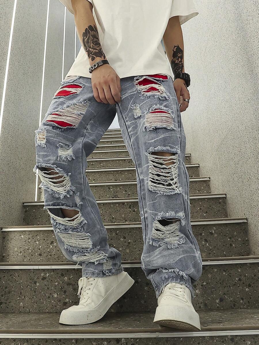 Manfinity EMRG Jeans dritti strappati e sfrangiati da uomo a gamba larga, Pantaloni cargo lunghi, blu chiaro, indossati per feste e per la strada in stile rapper