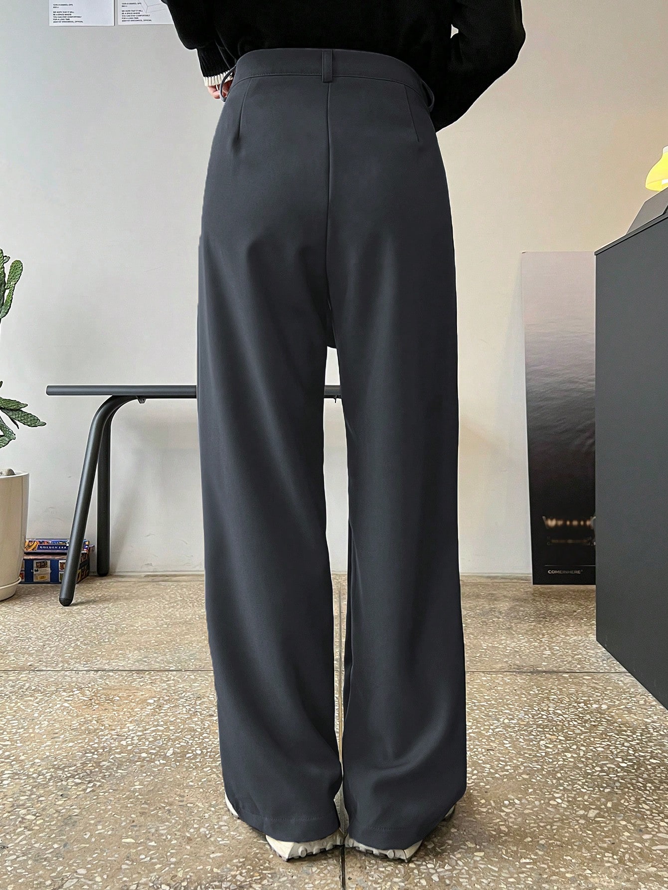 High Waist Plicated Detail Wide Leg Pants,Women Dress Pants