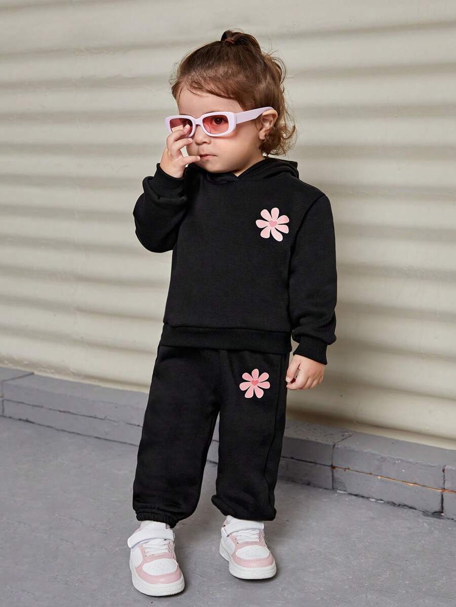 SHEIN Set di tuta da bambina con grafica carina, composto da felpa con cappuccio e pantaloni, con fodera termica