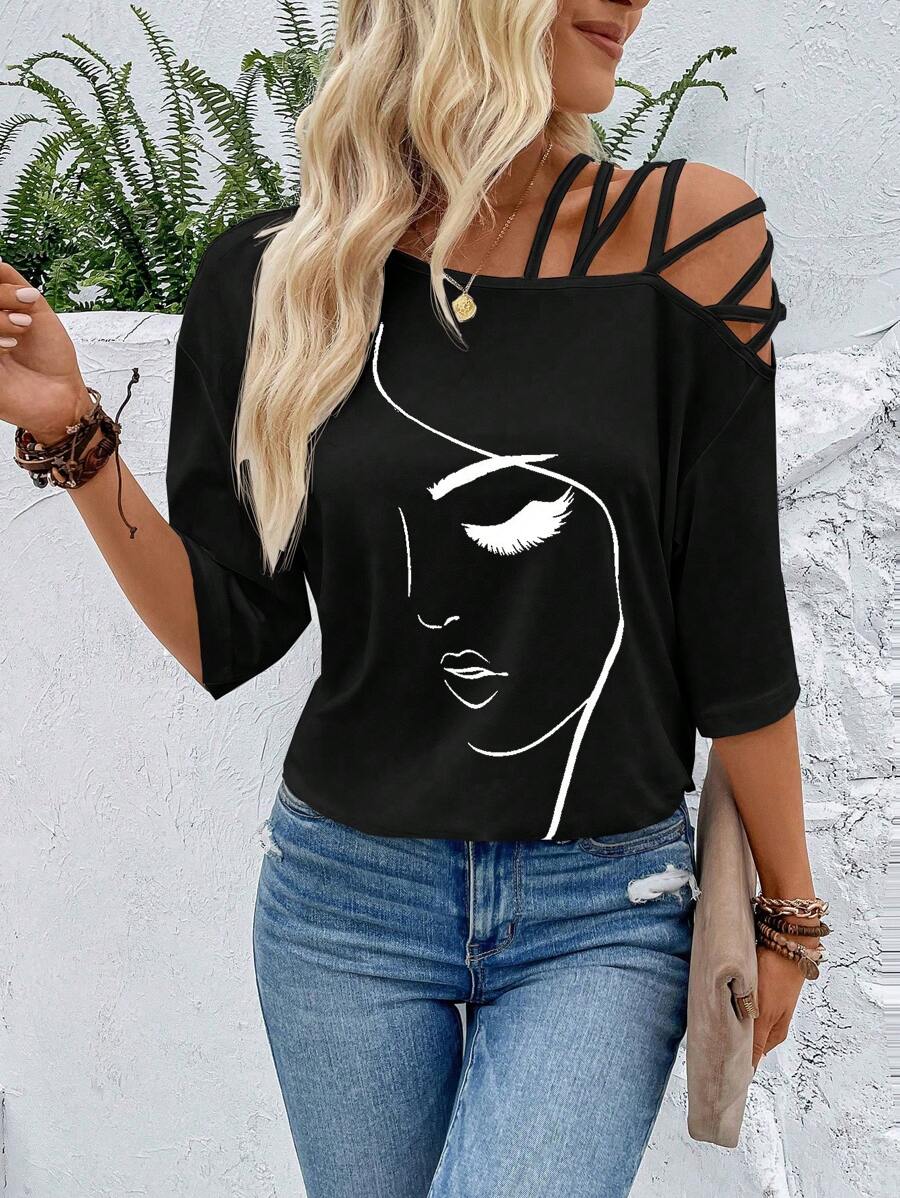 SHEIN LUNE Figure Graphic Asymmetrical Neck Tee Graphic Tees Women Tops