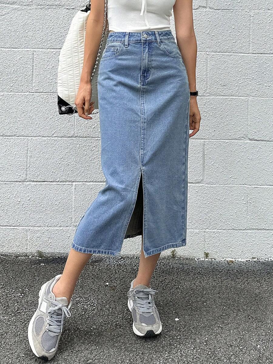 DAZY Solid Split Thigh Denim Skirt Jeans Skirt