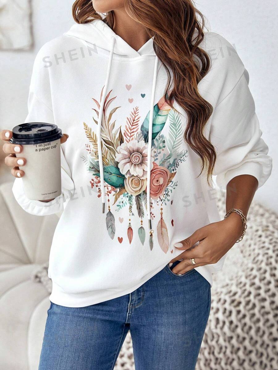 SHEIN LUNE Capucha con estampado floral & de pluma de hombros caídos con cordón
