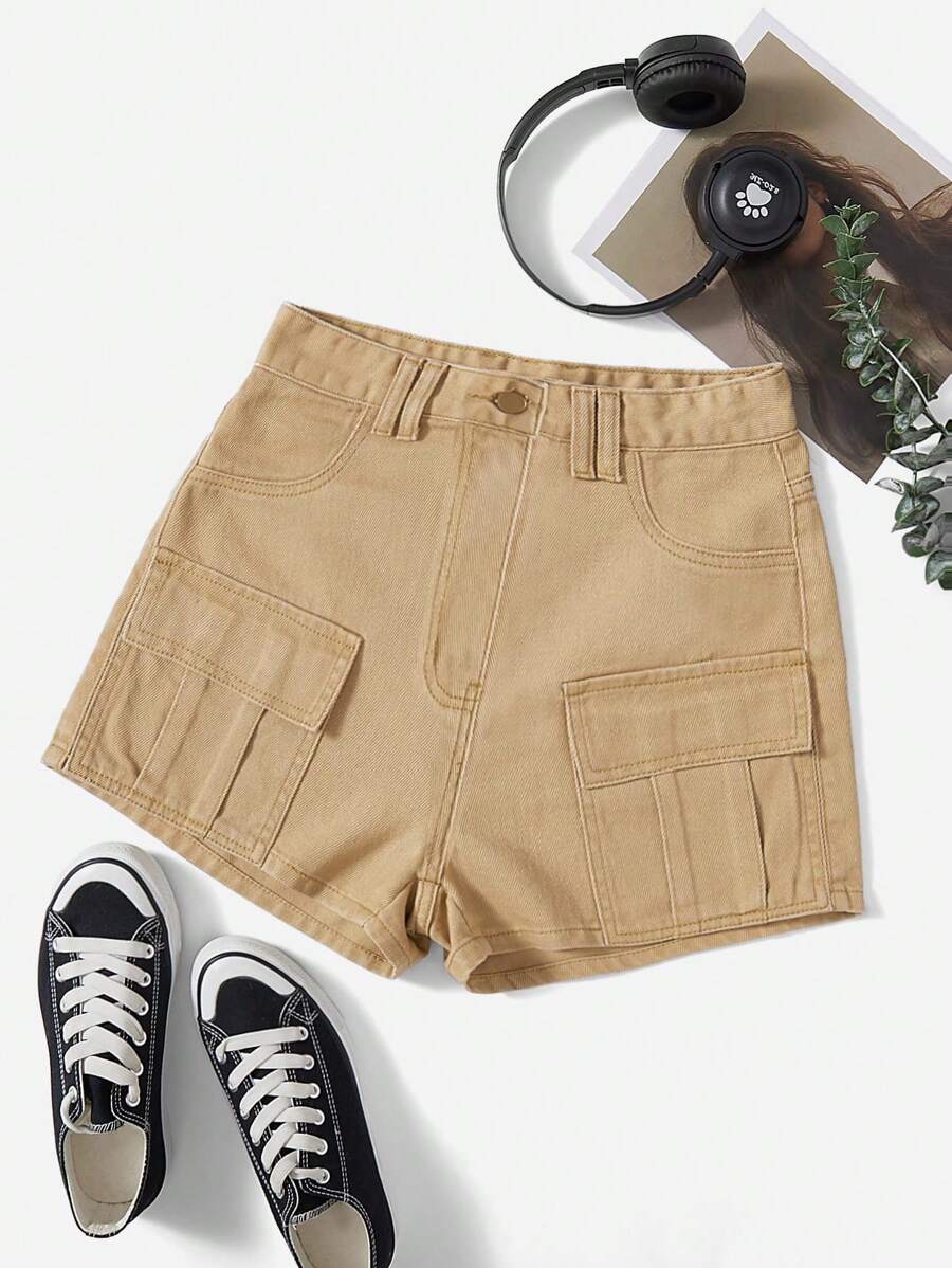 SHEIN EZwear Eenkleurig Denim shorts Zak Knoop Rits