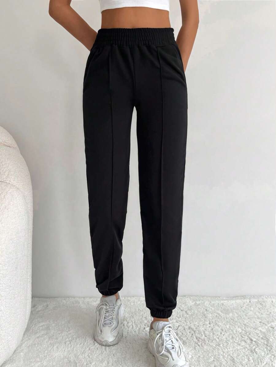 SHEIN PETITE Casual Solid Color Sweat Pants With Elastic Waistband And Laced Ankle Curve