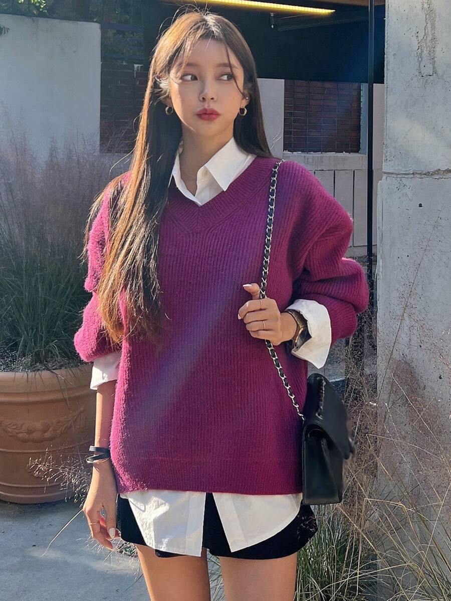 DAZY Solid Drop Shoulder Oversized Sweater Without Blouse,Long Sleeve Tops,Fall Clothes