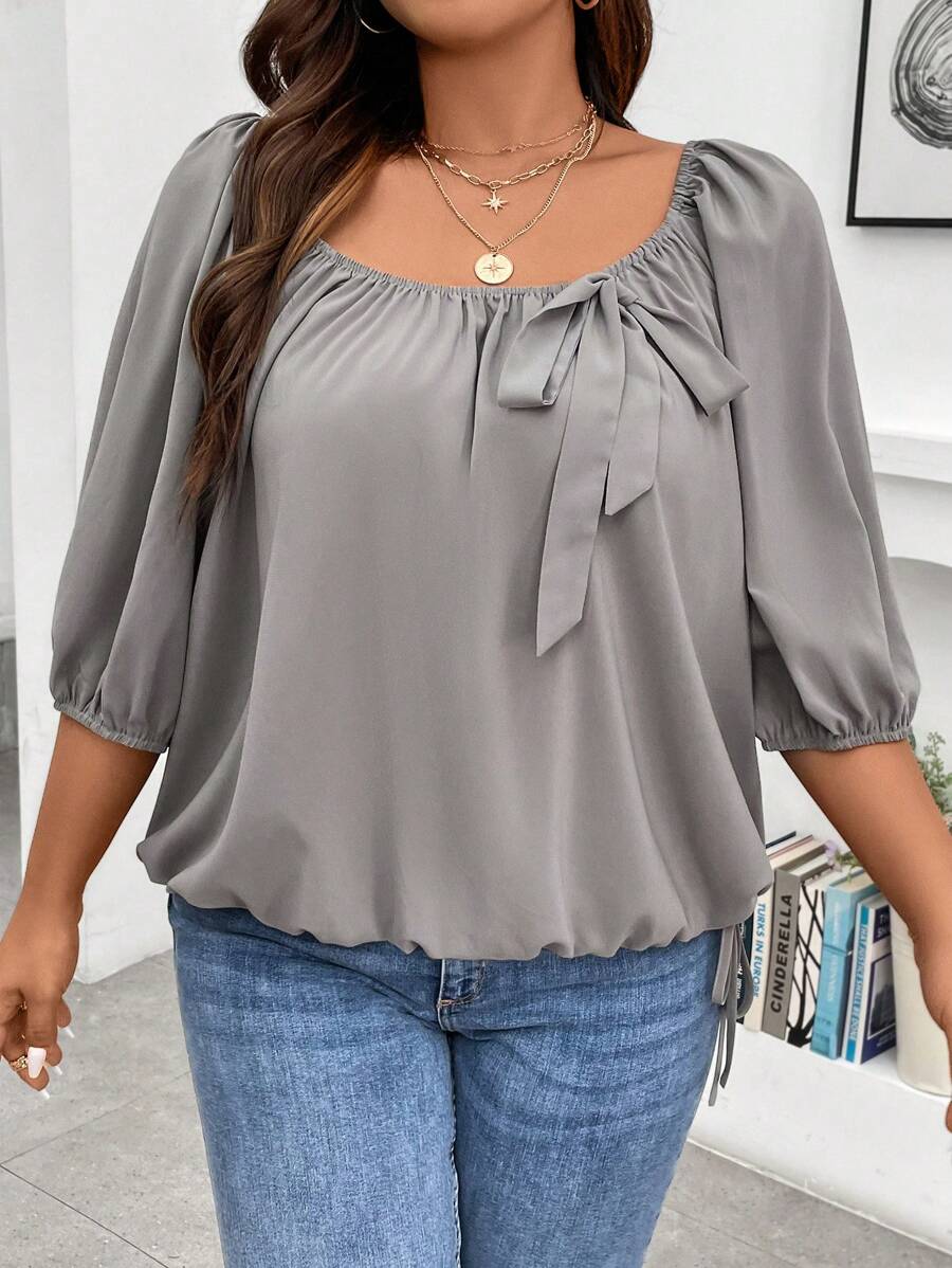 Calvaya Plus Knot Front Lantern Sleeve Blouse