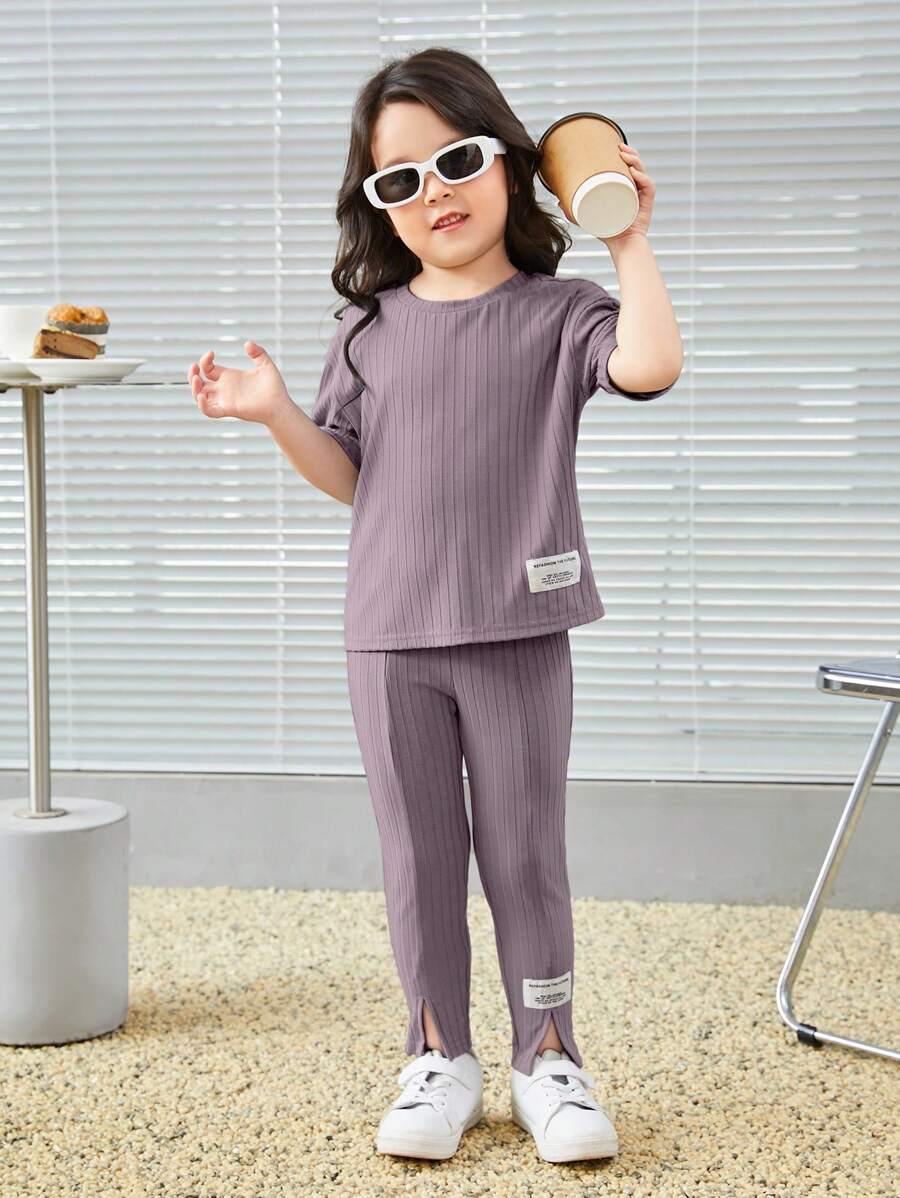 SHEIN Young Girl Letter Patched Detail Tee & Split Hem Pants