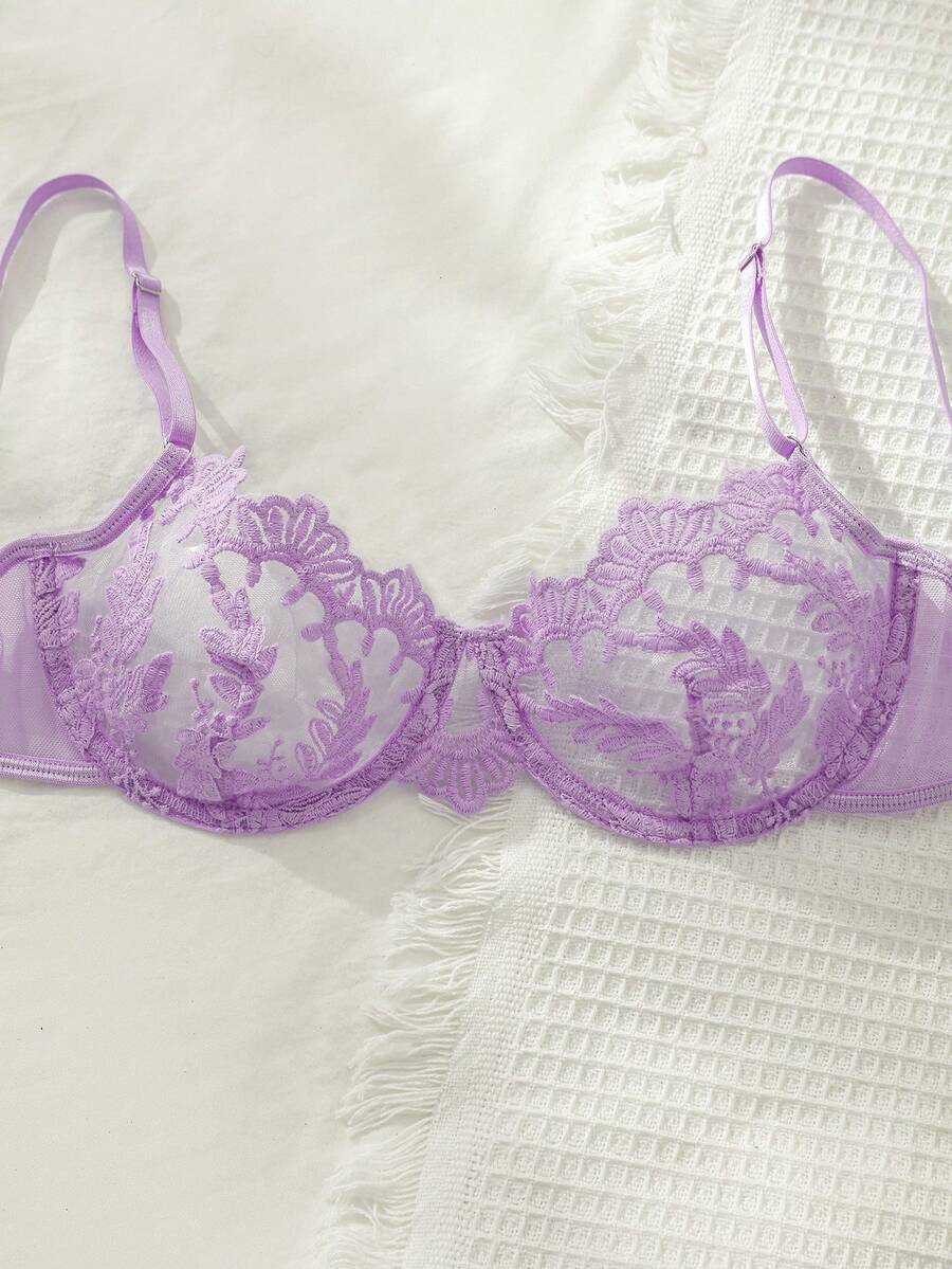 Floral Embroidery Mesh Underwire Lingerie Set SHEIN UK