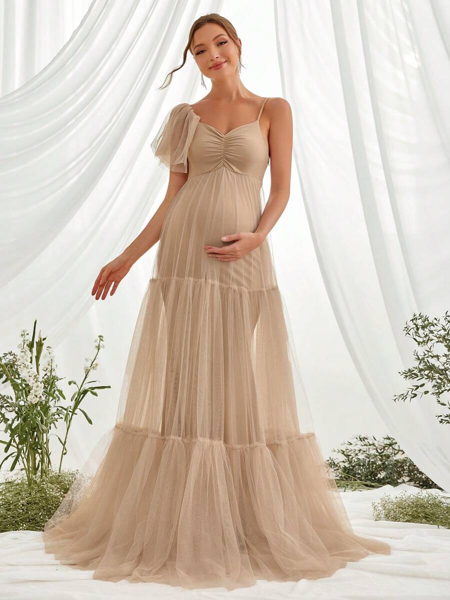 Maternity Ruched Ruffle Hem Mesh Elegant Dress, For Party