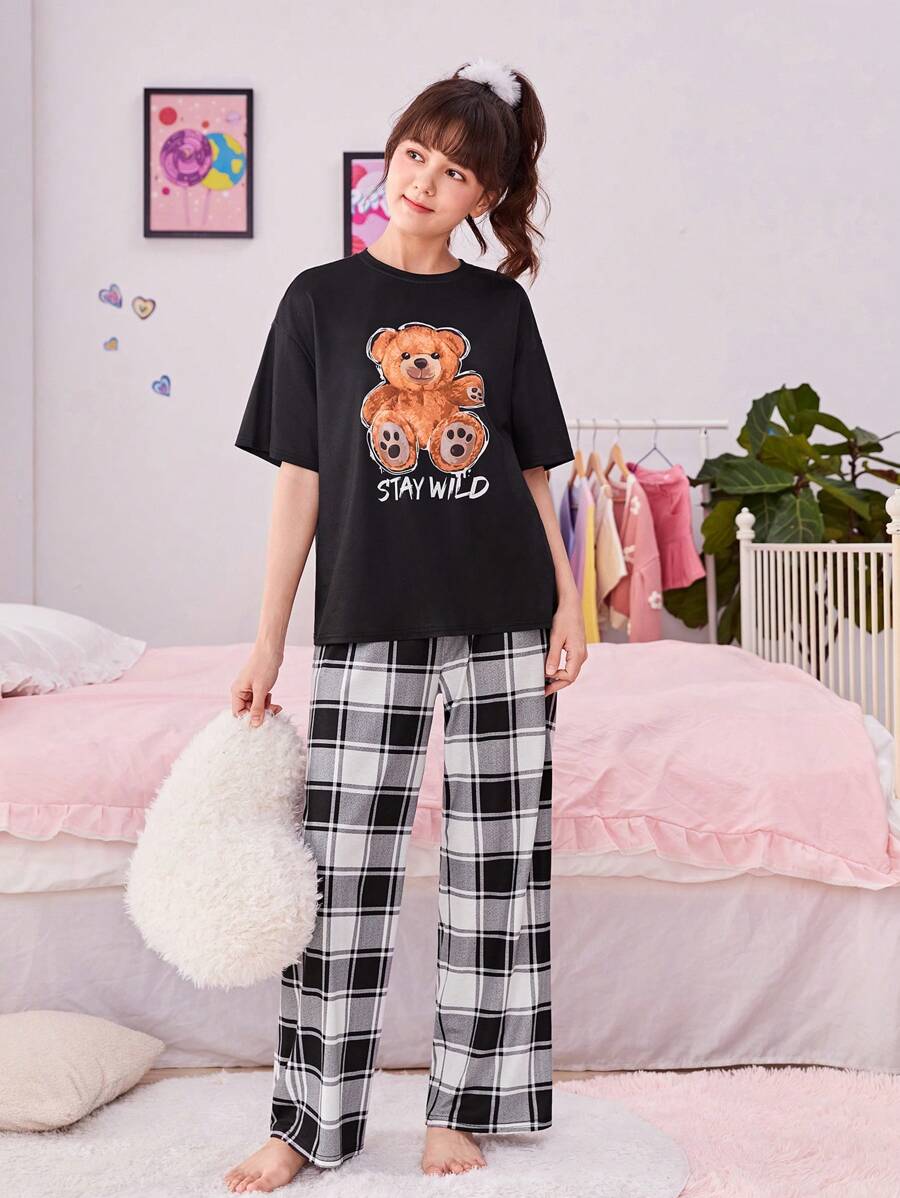 Garota Adolescente Gráfico de Slogan & Cartoon Camiseta & Xadrez Calças Conjunto De Pijama
