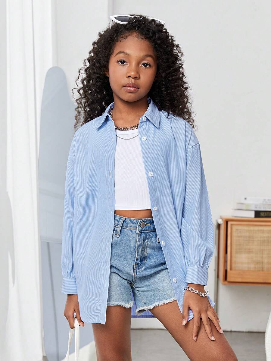 SHEIN Adolescent Fille 1 pièce Chemise À Rayures Épaule tombante