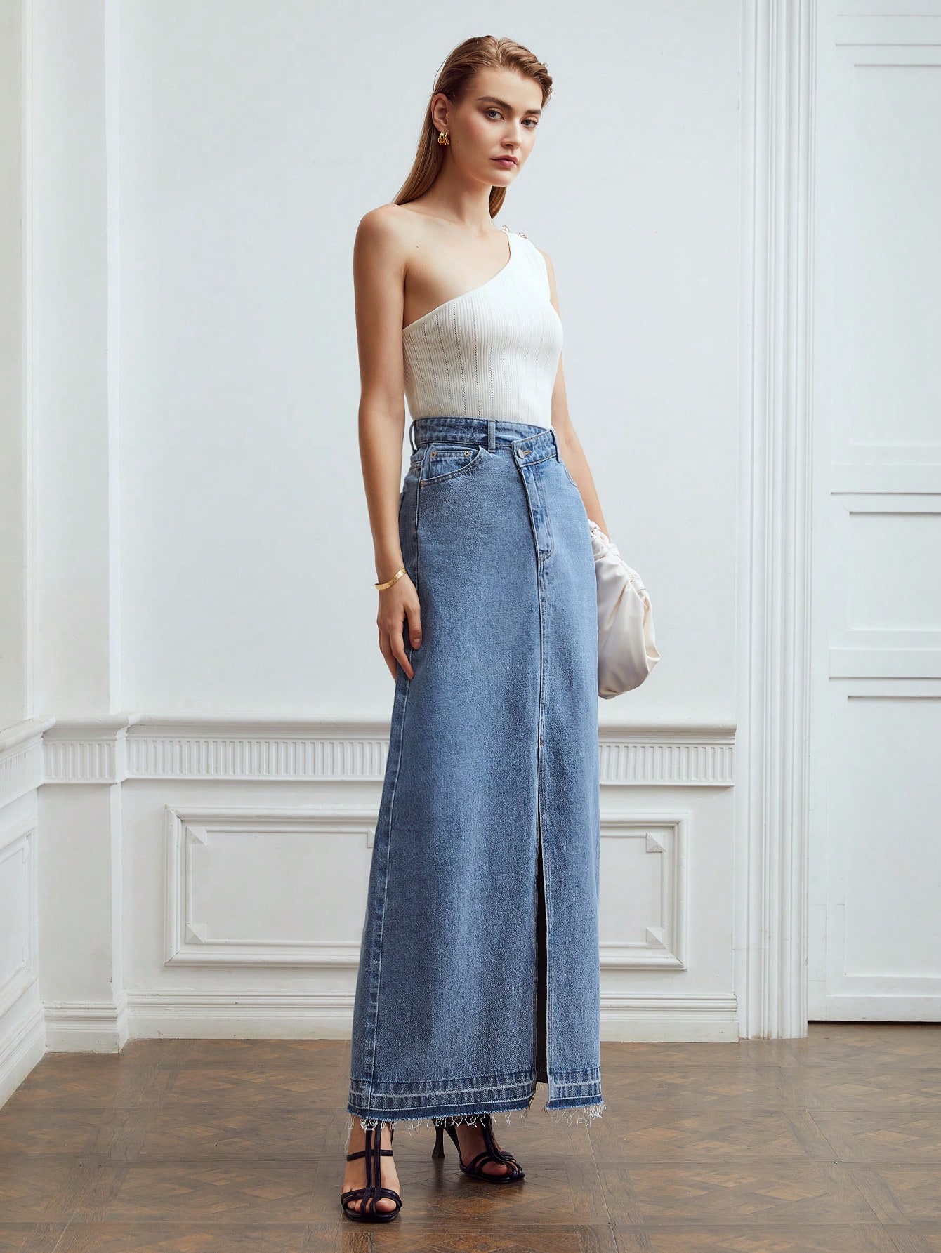 ☆MSCHF☆MAXI DENIM SKIRT ASYMMETRICAL DENIM MAXI SKIRT｜Motf