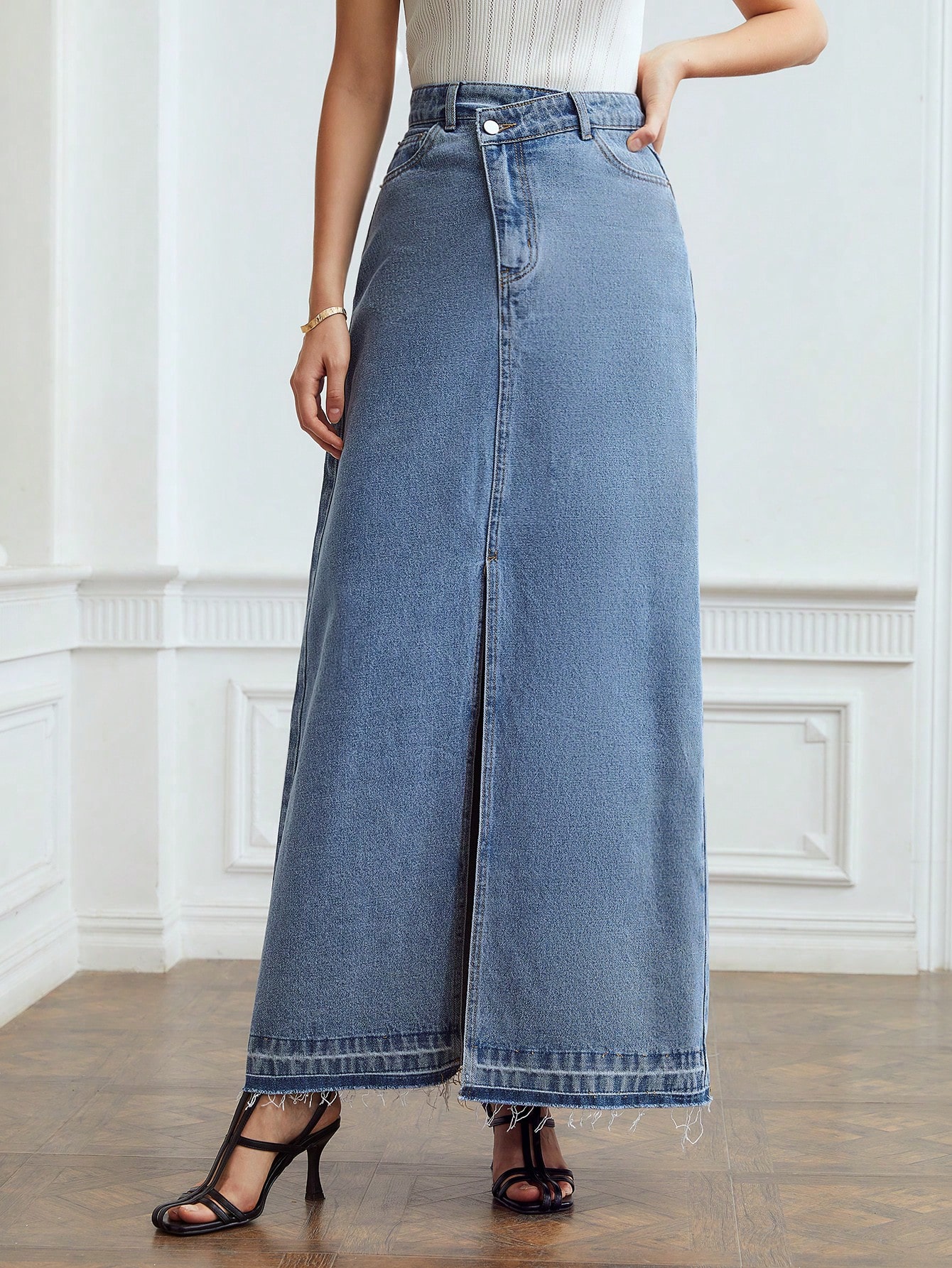 ASYMMETRICAL DENIM MAXI SKIRT｜Motf